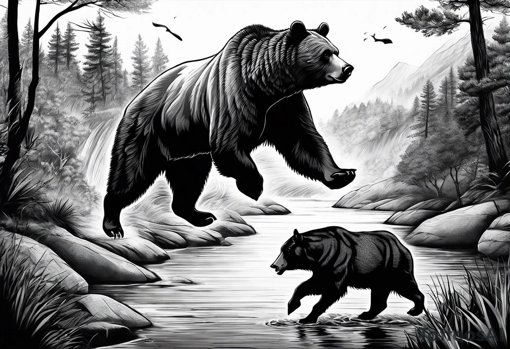 I want a sleeve tattoo design combining a bear fighting a bull, some how blend in a man walking a tightrope blending the mans head with the australian bush with a river and some how blend in a rubix cube tattoo idea