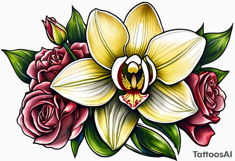 One Cymbidium orchid in the middle with a rose on each side tattoo idea