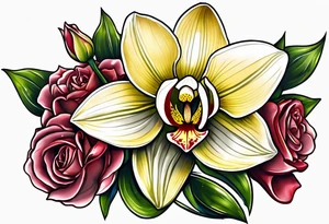 One Cymbidium orchid in the middle with a rose on each side tattoo idea