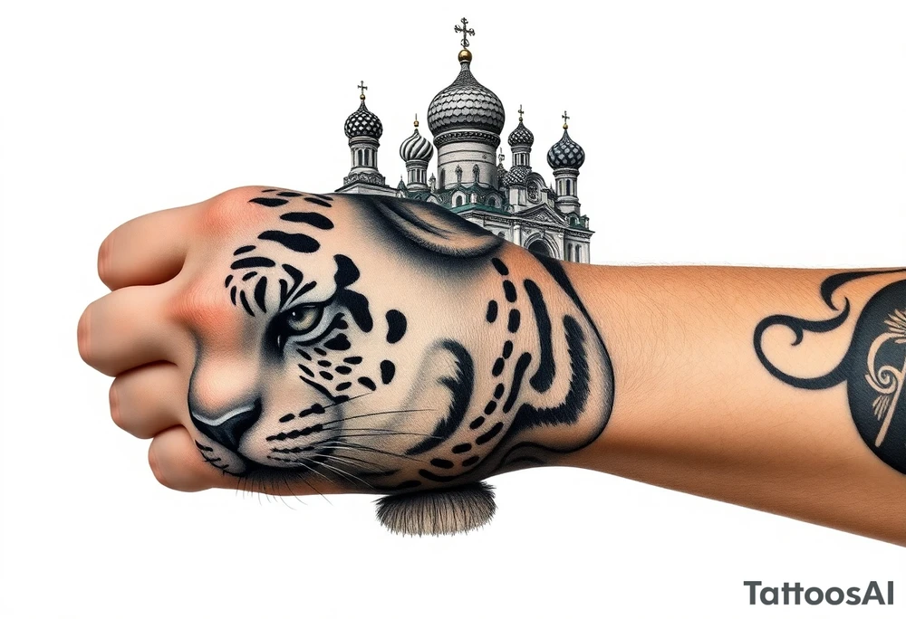 Realistic tiger face on the back of the hand with strong contrast and fine detail with all black eyes. then a highly detailed Russian Orthodox cathedral sitting above on the top fore arm with onion domes and orthodox crosses, done in fine line, engraving-like style. Cohesive composition, black ink only, no color, high contrast, slightly aged, documentary-style, plain light background. with clouds above and a virgin mary tattoo idea