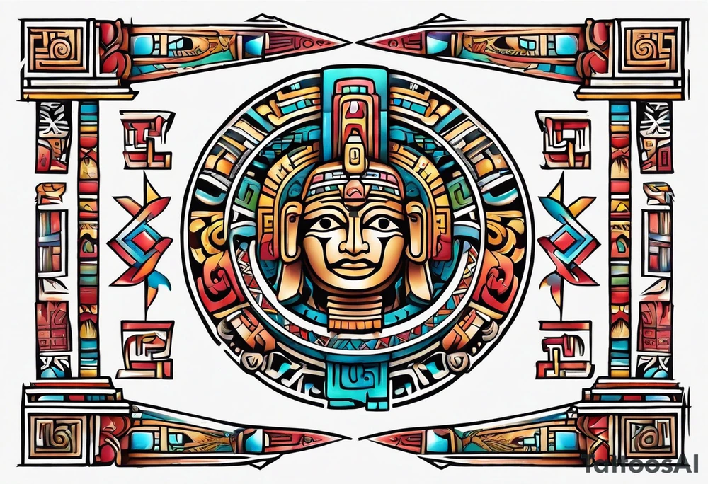 Colorful Mayan hieroglyph tattoo idea