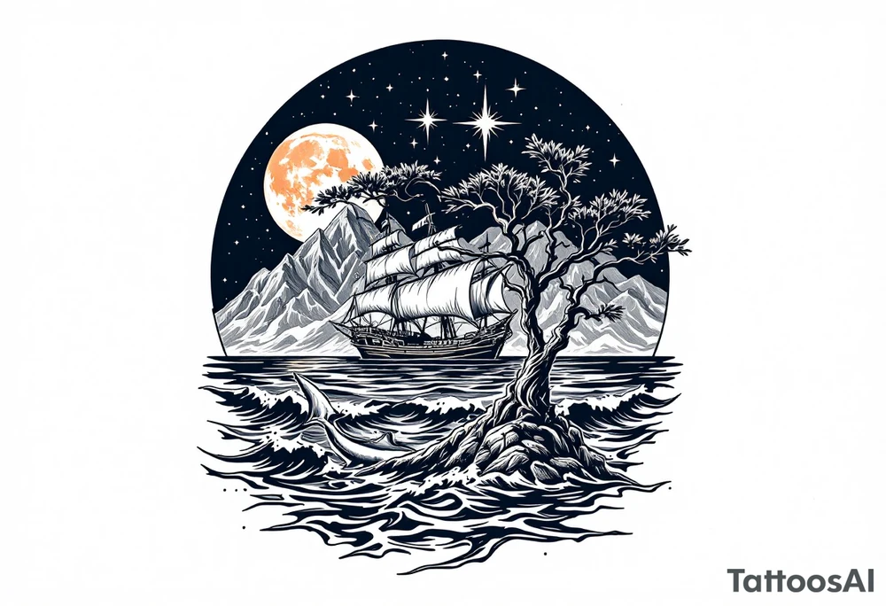 tattoo that has an acacia tree with mountains, ocean with a ship wreck with sharks and the northern star tattoo idea