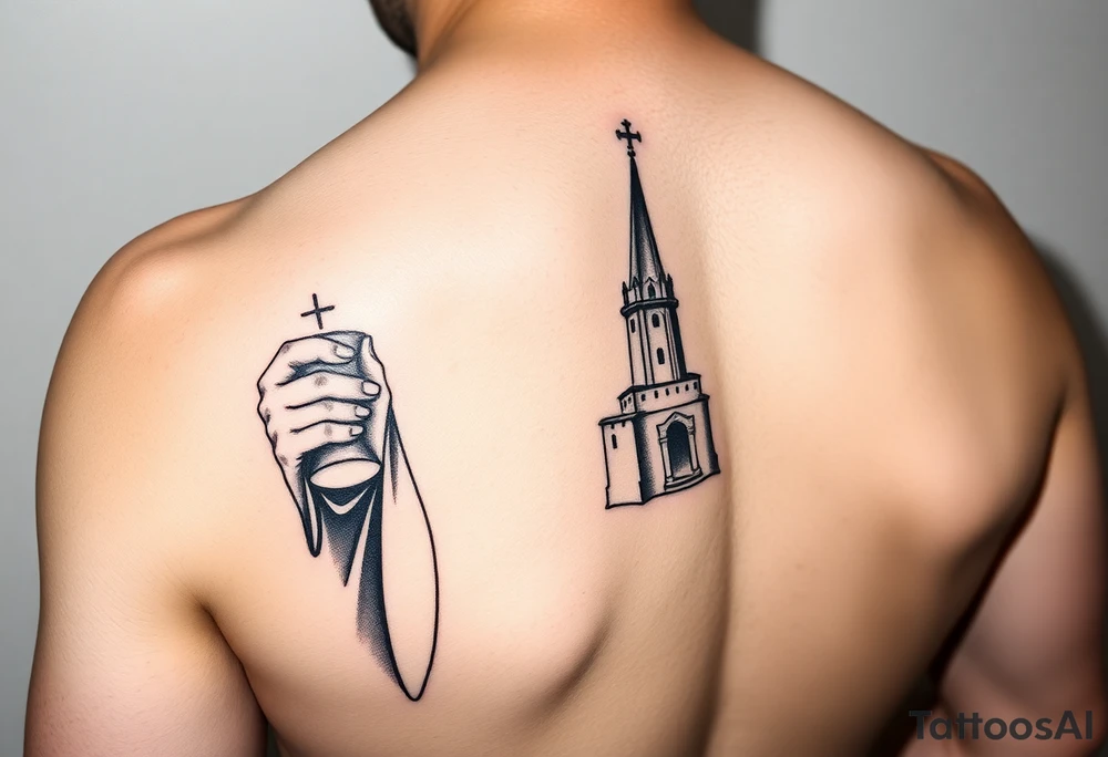 Saint Barbara tattoo holding chalice with tower in background  artillery tattoo idea