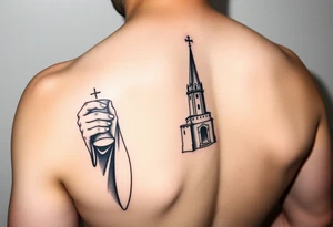 Saint Barbara tattoo holding chalice with tower in background  artillery tattoo idea
