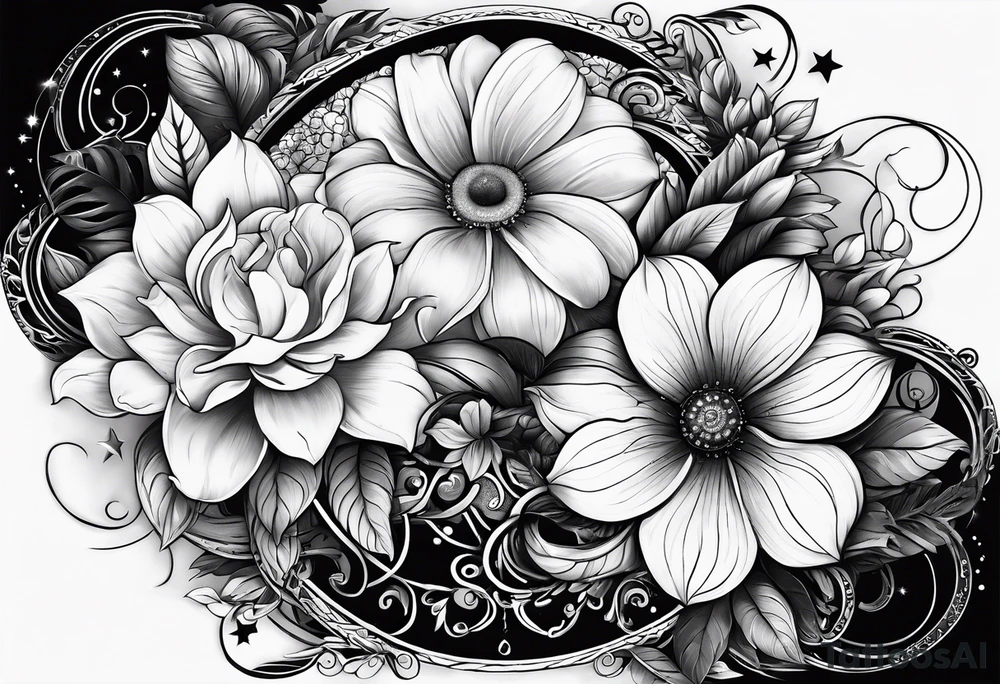 A eternal love flower, name “Samson” in cursive, with moon phases and stars tattoo idea
