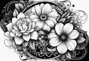 A eternal love flower, name “Samson” in cursive, with moon phases and stars tattoo idea