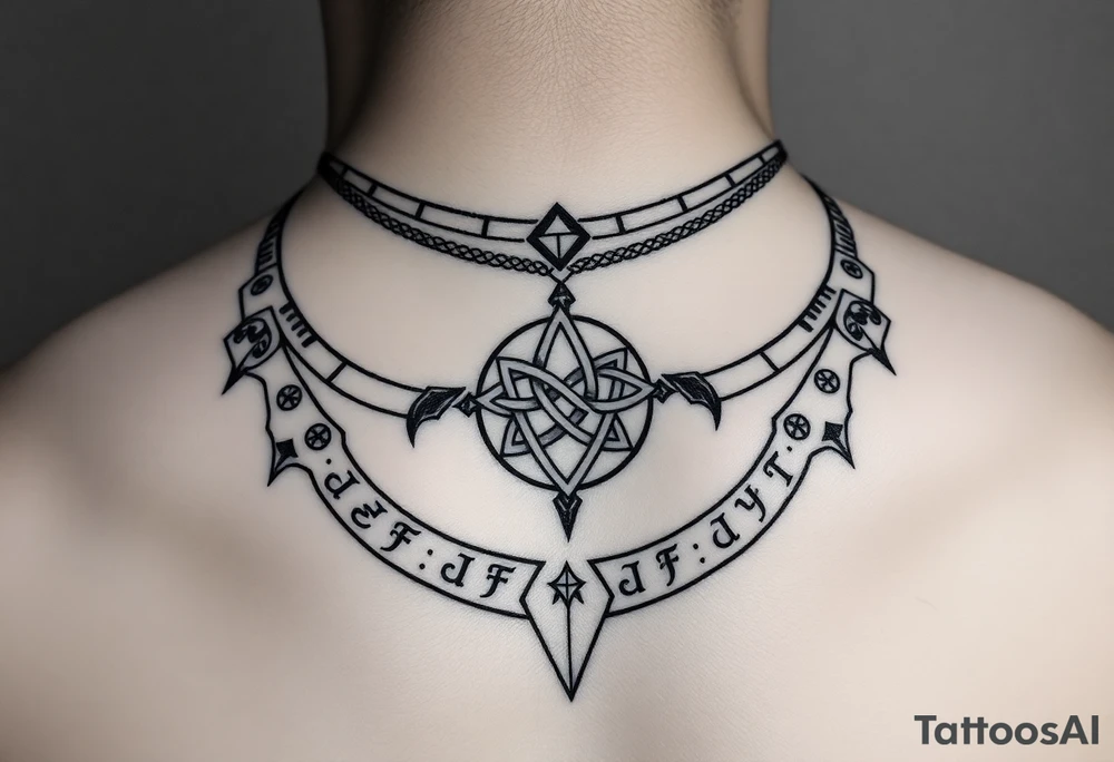 create a asatru norse choker necklace for a neck tattoo on a female with the runes love and protection and self love in it and a nordic knot in the middle tattoo idea