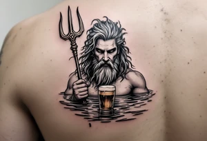 neptune with trident half way in calm water with a beer tattoo idea