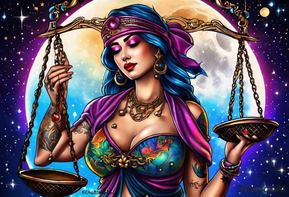 Beautiful woman blindfolded holding the libra scales, in the background is the libra constellation with a halfmoon surrounding half of the woman. The scales hang from the bottom of the half moon. Vibrant colors intensify the picture tattoo idea