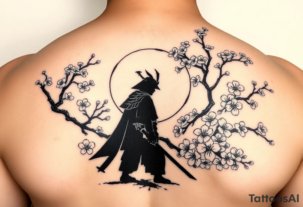 noble samurai warrior silhouette at sunset with cherry blossoms tattoo idea