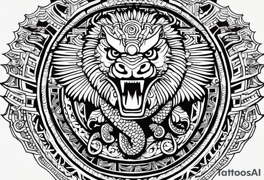 Design a masculine and fierce right chest tattoo of Quetzalcoatl, the Aztec feathered serpent god. Make Quetzalcoatl appear in mid-flight, with his powerful, feathered body coiling dynamically across the chest. His face should have sharp, intense features, with fierce, piercing eyes and serpent fangs bared. Incorporate traditional Aztec geometric patterns, like jagged lines and spirals, in the wings and tail, to emphasize strength and power. Use bold, black ink with subtle shading to give depth and texture, while ensuring the design stays sharp and aggressive. The feathers should appear sharp and stylized, giving an aura of both wisdom and danger. tattoo idea