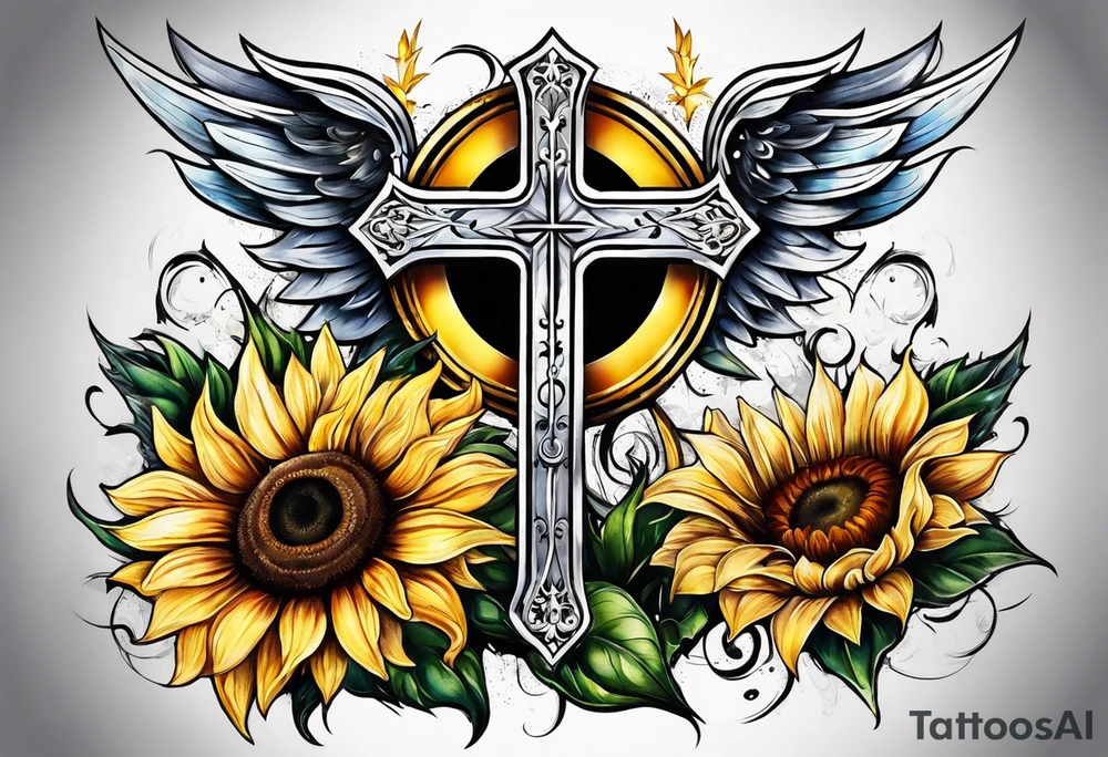 Winged cross with sunflower tattoo idea
