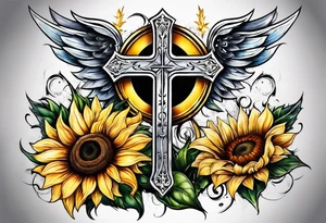 Winged cross with sunflower tattoo idea
