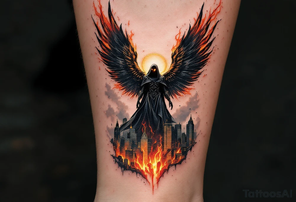 An Angel of Death standing at the gates of a burning city, wings charred and eyes glowing molten gold. tattoo idea