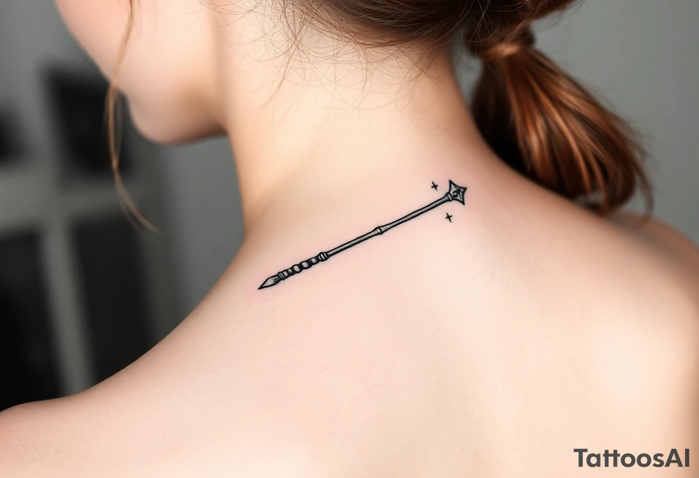 A magic wand (hermione's) with magic dust all around it and a ladybud exiting the wand like a magic spell, and some small detail around it that would do a piggyback on harry poter like a lightning, harry's glasses, the golden snitch etc... tattoo idea