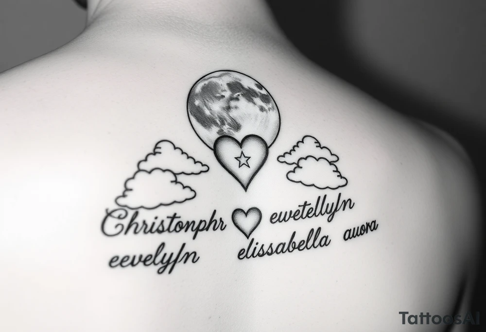 moon and a star and a heart and clouds with the names Christopher everlyn elisabella auora tattoo idea