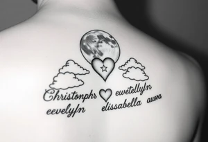 moon and a star and a heart and clouds with the names Christopher everlyn elisabella auora tattoo idea