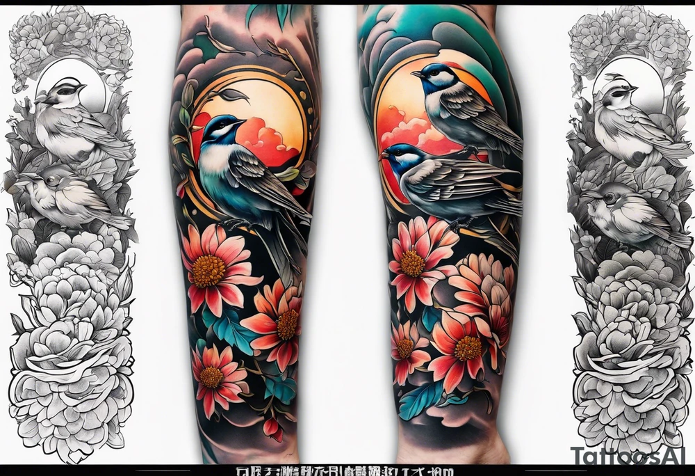 Arm with sparrows and cheysanthemums black only in a Japanese style tattoo idea