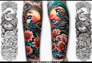 Arm with sparrows and cheysanthemums black only in a Japanese style tattoo idea