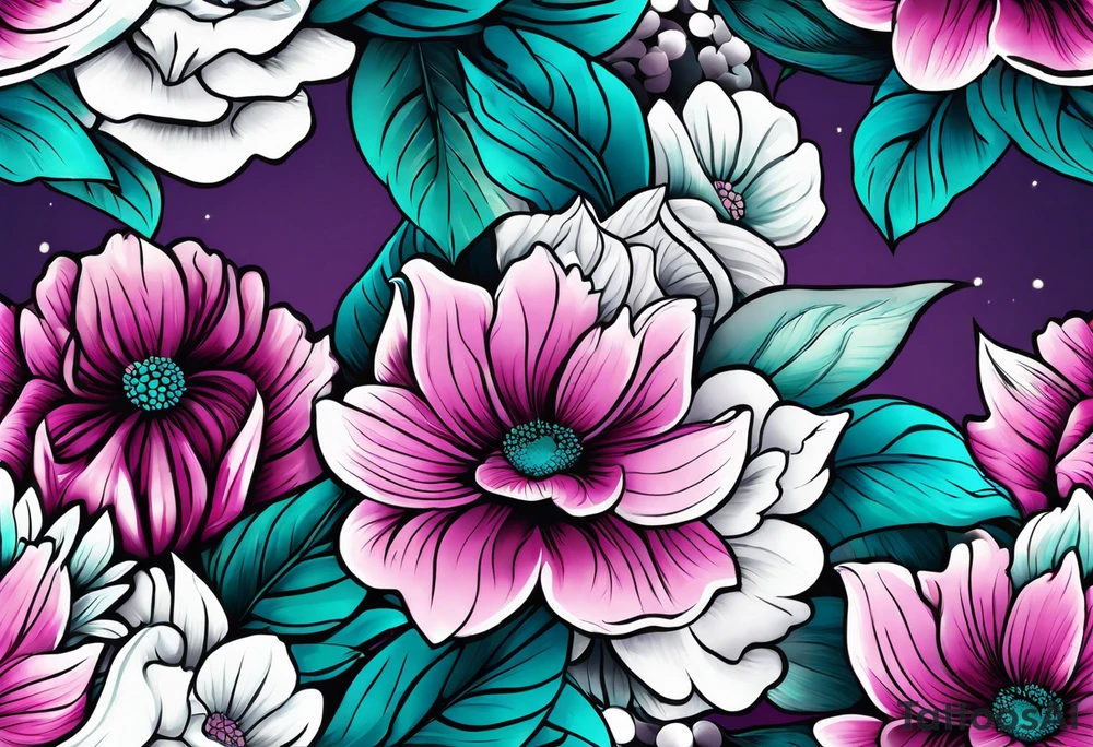 Teal, pink and purple flower sleeve tattoo idea