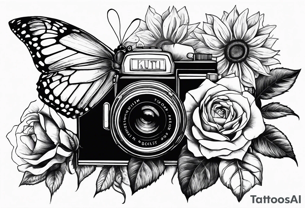 Butterfly, sunflower, camera, book, flower rose tattoo idea Butterfly, sunflower, camera, book, flower rose tattoo idea