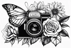 Butterfly, sunflower, camera, book,  flower rose tattoo idea