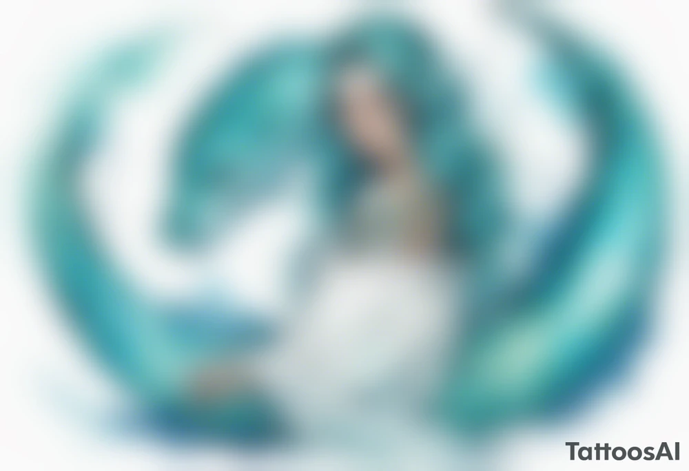 A beautiful undine with turquois scales wearing a white robe, laying on the shore tattoo idea