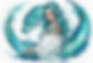 A beautiful undine with turquois scales wearing a white robe, laying on the shore tattoo idea