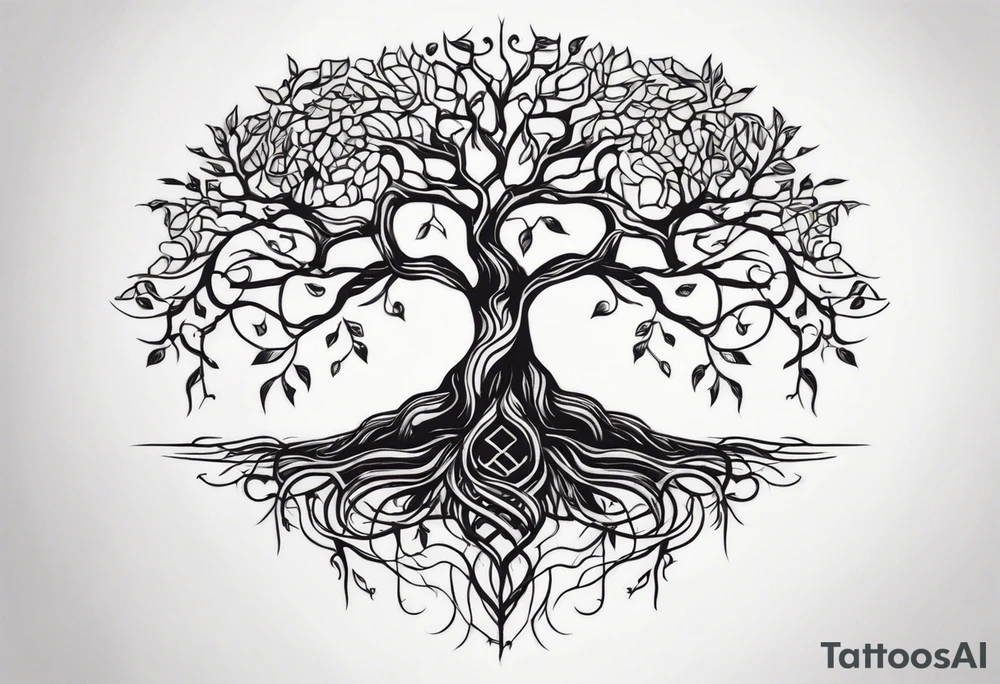 tree with long roots and branches tattoo idea