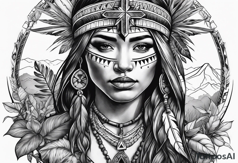 War Native American holding a cross nacklace with plants and nature behind her, half sleeve tattoo idea