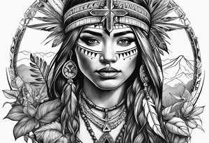 War Native American holding a cross nacklace with plants and nature behind her, half sleeve tattoo idea