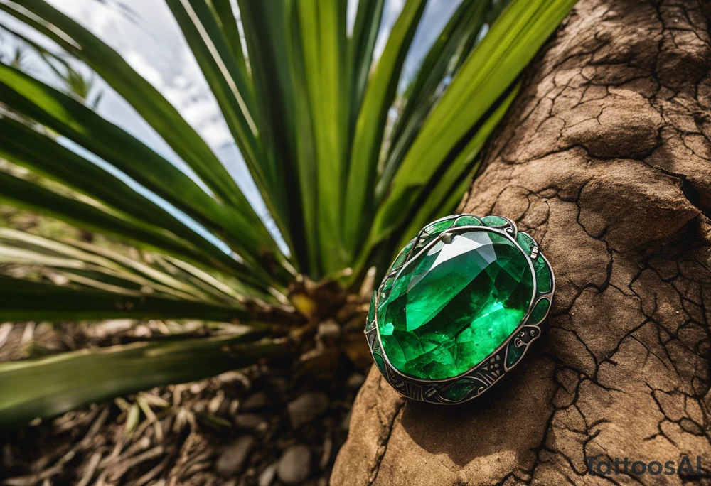 Tattoo: A striking Gachala emerald sits at the base of a tall quindio wax palm, which grows resiliently from cracks in rugged, rocky soil. The emerald is the main focal point, symbolizing strength and endurance, while the wax palm, rooted in the soil’s crevices, represents growth and resilience. A small water stream flows gently from the rocks, adding an element of life and nourishment tattoo idea