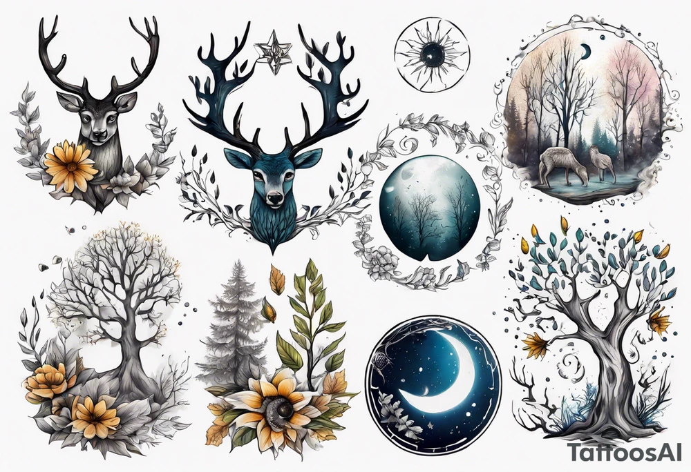 wasser, sonne, mond, eule  wald, hirsch, blume des lebens, 
baum, berlin tattoo idea