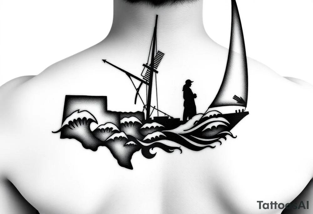 State Silhouettes: Waves forming the shapes of Texas, Connecticut, and Washington state, indicating the places you’ve called home.
	•	Navy Emblem: A subtle Navy insignia on the sail, honoring your spouse’s service.
	•	Cosmetology Symbols: Incorporate a comb and scissors subtly into the boat’s rigging or hull design. tattoo idea