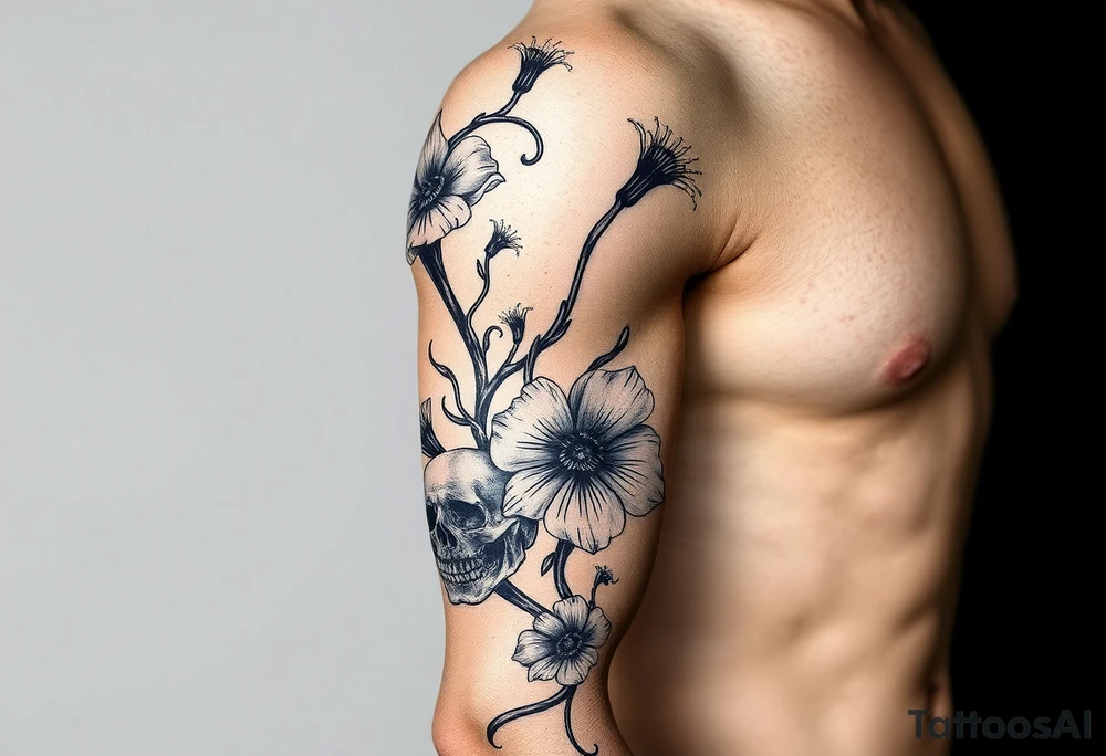 Aconitum flower going up the arm with details gothic style with skulls tribal tattoo idea