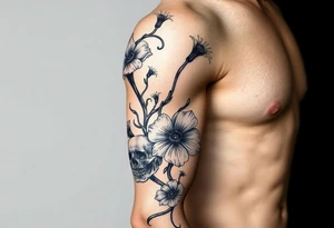 Aconitum flower going up the arm with details gothic style with skulls tribal tattoo idea