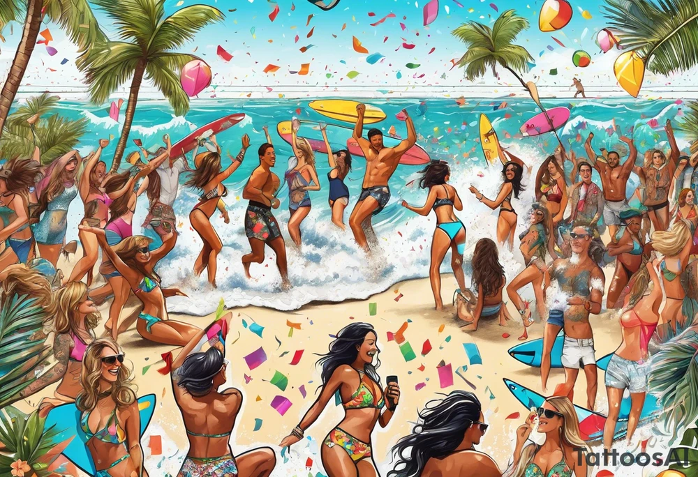 SURFING SAFARI BEACH DANCE 
PARTY WITH CONFETTI AND MUSIC NOTES, TROPICAL DRINKS, SEXY BIKINIS tattoo idea
