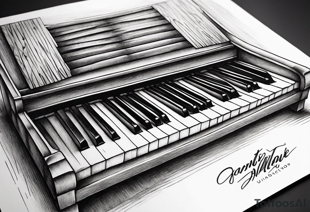 piano keys and drum sticks small on back of arm tattoo idea