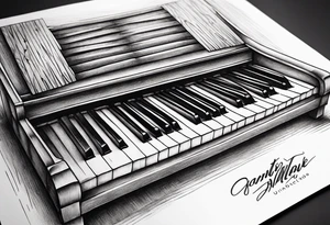 piano keys and drum sticks small on back of arm tattoo idea