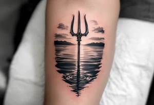 trident with bare feet half way under calm water at sunset tattoo idea