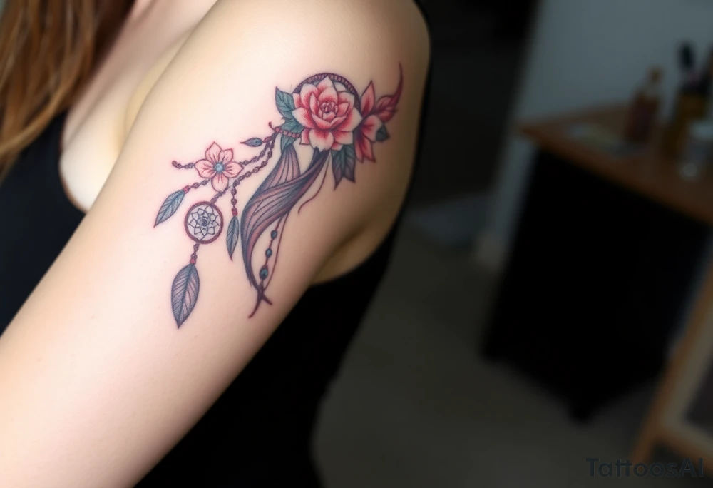 Half sleeve on arm. I already have a girl with flower crown in my shoulder and upper outer arm. Add a dream catcher and Catrina face. Use black and red ink. tattoo idea