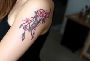 Half sleeve on arm. I already have a girl with flower crown in my shoulder and upper outer arm. Add a dream catcher and Catrina face. Use black and red ink. tattoo idea
