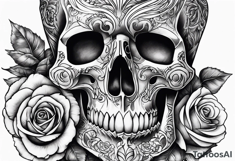 Un pilier romain, un crâne, des roses, un couteau tattoo idea
