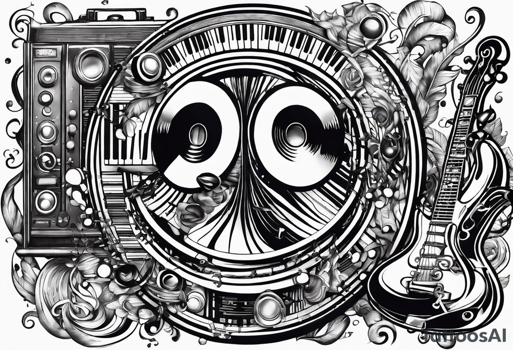 music notes surrounded by a record, a cassette tape, and saxophone parts tattoo idea