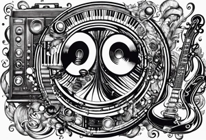 music notes surrounded by a record, a cassette tape, and saxophone parts tattoo idea