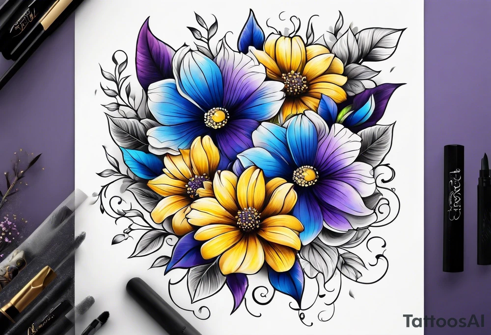Blue yellow and purple flowers arm sleeve tattoo idea