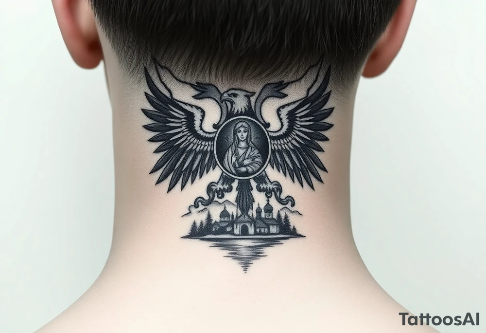 Traditional authentic Russian coat of arms with double headed eagle & a well shaded Christian orthodox Virgin Mary in the middle with silhouette of a lake in a Russian wilderness Christian orthodoxy dome church village setting on the side of my neck tattoo idea