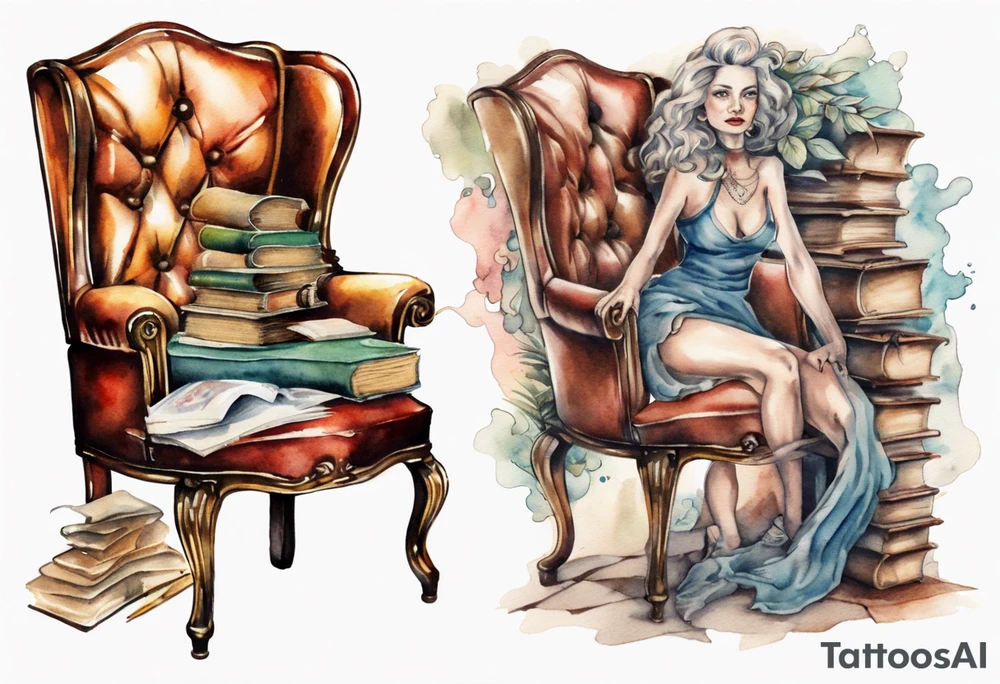 an antique chair with a woman's face emerging from the back, in a library tattoo idea