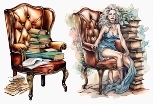 an antique chair with a woman's face emerging from the back, in a library tattoo idea