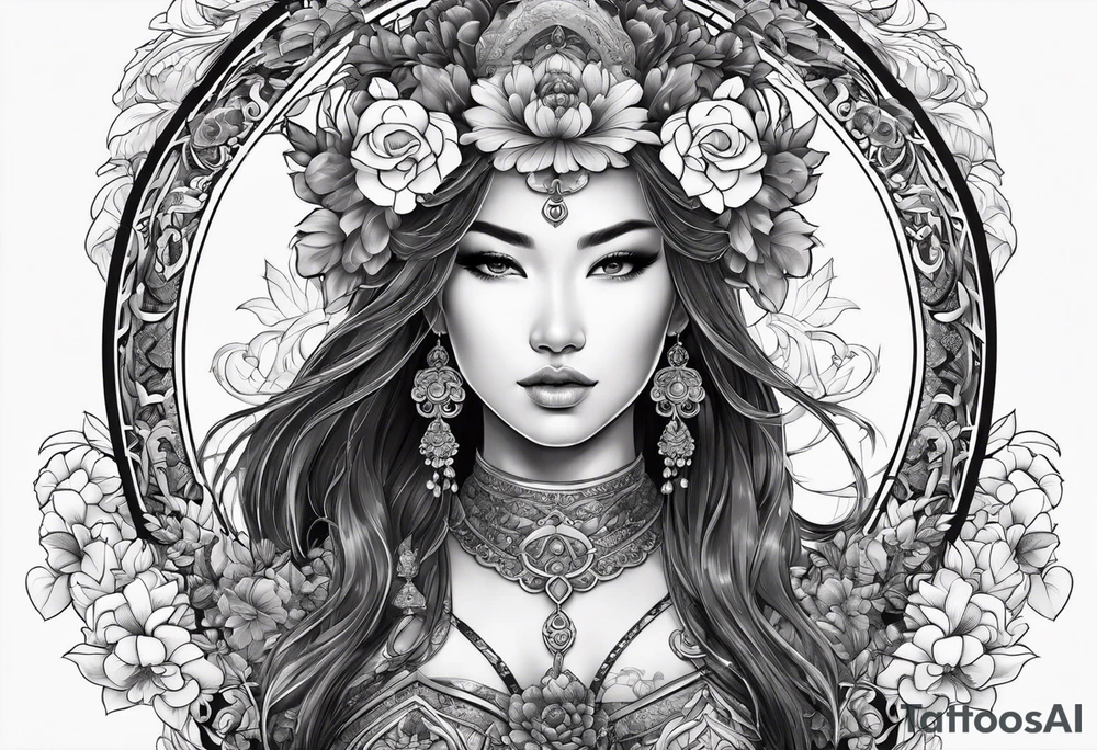 ornate beautiful woman warrior with weapon & floral arch background tattoo from head to torso tattoo idea